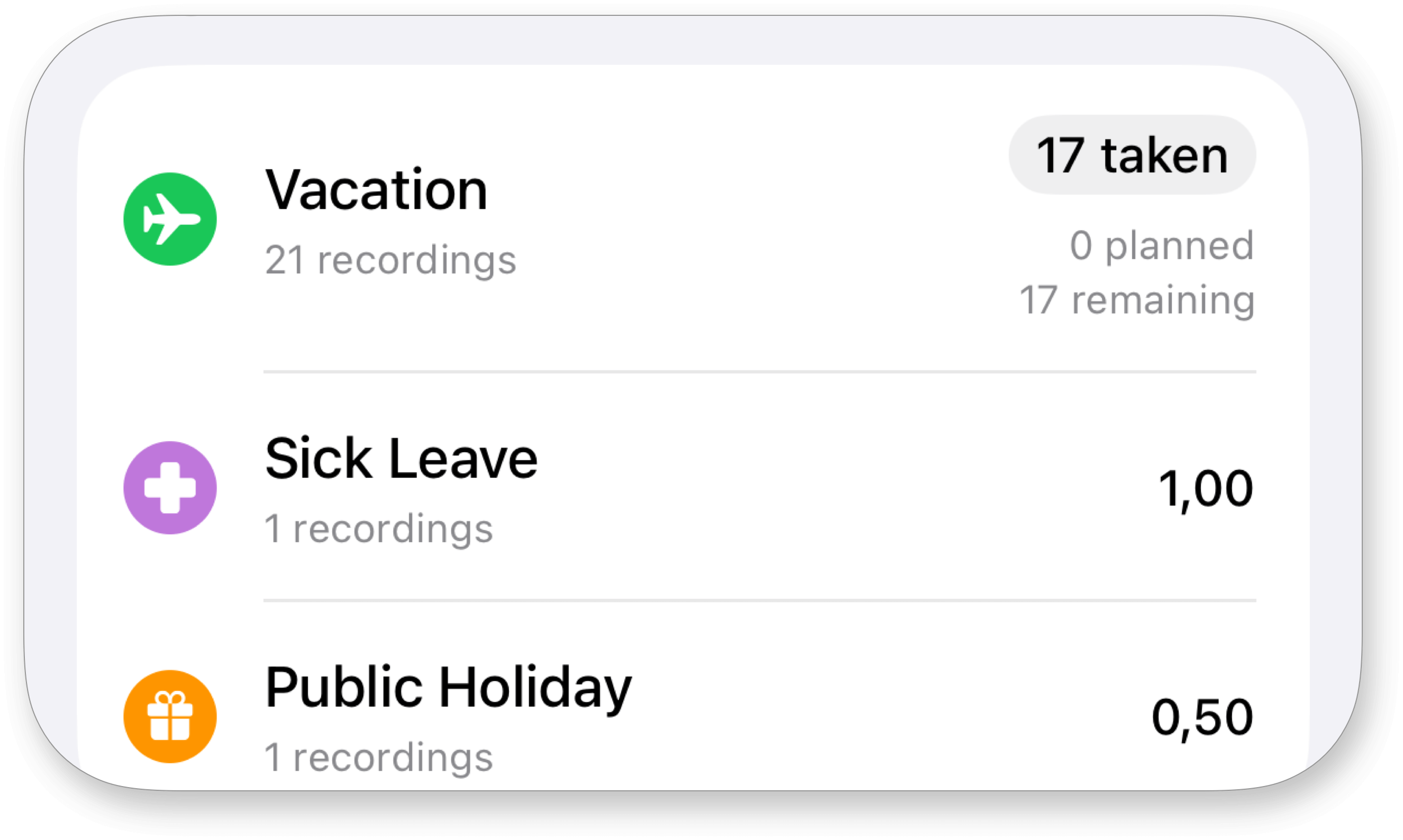 WorkTimes absence types including vacation, sick leave, and holidays