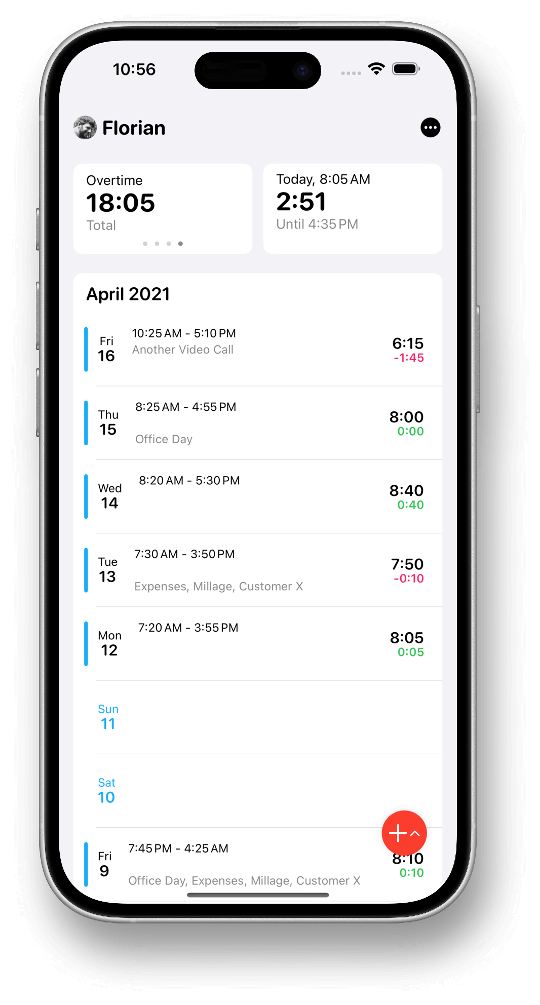 WorkTimes iPhone app showing weekly overview for working hours and overtime